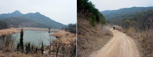 (왼쪽) 식수원인 도락저수지와 불곡산 전경. (오른쪽) 도락저수지의 끝지점을 지나 산길로 접어들고 있는 라이더.