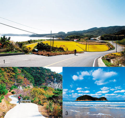 1.태안 당산리 해안도로 전경, 2.경남 거제 저구마을 임도, 3.천리포 해수욕장 풍경