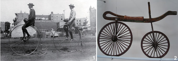 1. 드라이지네와 함께 최초의 자전거로 여겨지는 셀레리페르(Celerifere). 조향은 안된다.

2. 페니파딩(Penny-farthing) 혹은 오디너리(Ordinary), 빅휠(Big wheel)로 불리는 자전거. 1871년 등장했고 커다란 앞바퀴가 특징으로, 페달을 달아 현대 자전거의 출발점이라 할 만 했다. 능숙한 사람은 시속 40㎞ 질주도 가능했다.
