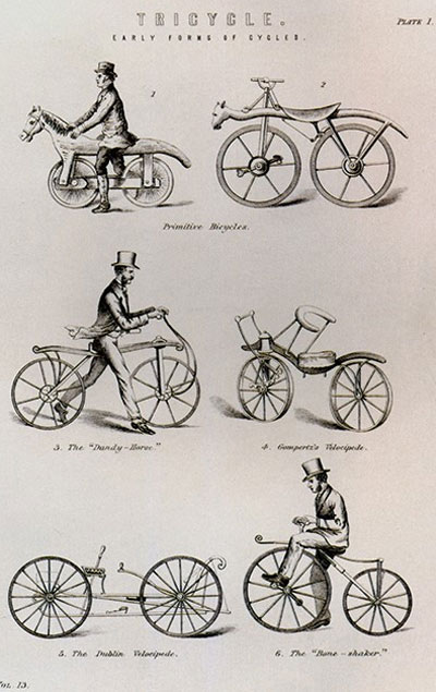 
	19세기에 완성된 초기 형태의 자전거들. 이후 자전거는 체인과 크랭크를 달 수 있고 더 튼튼한 형태의 세이프티 형태로 발전한다
