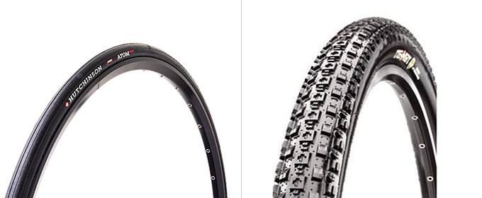 로드용 타이어(왼쪽) / MTB용 타이어(오른쪽)