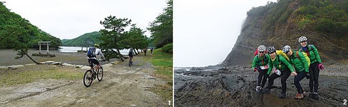 1 와타즈미신사 앞에는 5개의 도리이가 있는데, 2개는 아소만의 물속에 항상 잠겨 있다  2 오우미 마을의 해변가 절벽. 절벽 위로 다랭이밭이 펼쳐져 있다