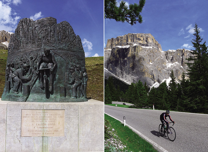 포르도이 정상에 있는 파우스토 코피(Fausto Coppi)의 동상. 그는 이탈리아 사이클링의 영웅으로 매년 지로 디 이탈리아의 가장 높은 고개를 ‘Cima Coppi’라고 부르며 그에게 헌정하고 있다<b>(왼쪽)</b> / 파쏘 디 젤라(2244m)업힐, 뒤쪽으로 피츠 젤바의 거대한 암벽이 위용을 자랑한다<b>(오른쪽)</b>