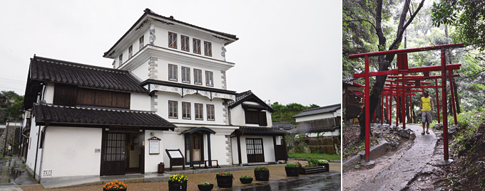 
	조선통신사 자료관으로 쓰이는 시카이로(四階樓)는 1879년 지어진 일본식과 양식이 복합된 건물로, 중요문화재로 지정되어 있다<b>(왼쪽)</b> / 야마구치현에서 가장 큰 시라토리 고분은 숲에 묻혀 방치된 상태이고, 봉분 위에는 신사가 들어서 있다<b>(오른쪽)</b> 
