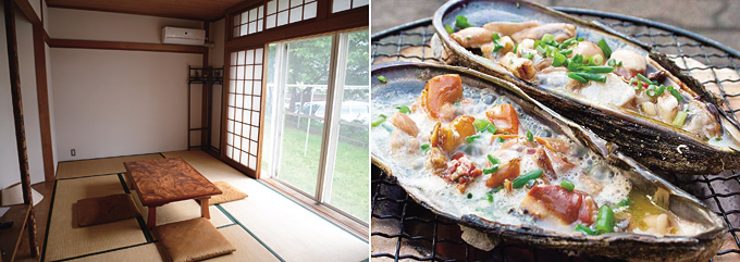 
	타치바나 윈드파크의 일본식 방<b>(왼쪽)</b> / 세토내해의 조개요리(야나이 상공회의소 제공 사진)<b>(오른쪽)</b>
