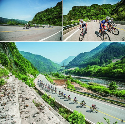 1.2 홍천에서 오르는 구룡령 업힐은 거리 약 6㎞, 표고차 400m, 최대경사 11%, 평균경사 6.4%로 UCI 업힐 카테고리 2등급에 해당하지만 초반부라 즐겁게 오른다  3 같은 동호회나 실력에 맞는 참가자들이 트레인을 형성해 즐겁게 라이딩하고 있다