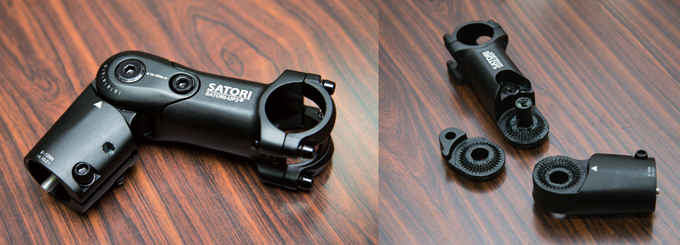 사토리 UP2+. 6061 알로이 소재로, 0~90도의 폭넓은 앵글을 자랑한다. 투어링과 E바이크 등 유럽 시장을 겨냥해 제작되었다. 앵글 조절이 가능하지만 급정거로 체중이 앞으로 쏠려도 이를 지탱해줄 수 있는 강력한 톱니 구조를 지닌다.