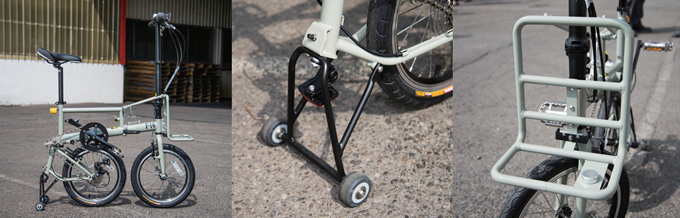 기자의 관심을 끈 폴딩 바이크 F16. 기본사양으로 앞뒤의 랙을 갖췄고 접은 상태에서도 자전거를 끌고 다닐 수 있다.