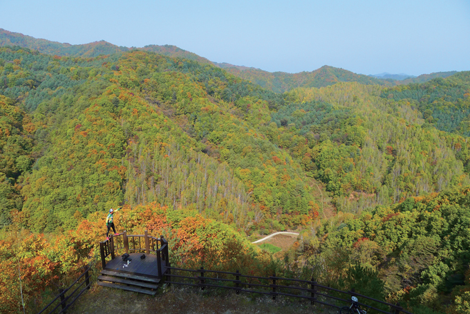 한반도 지형을 닮은 자작나무숲 전망대에서. 사람이 가리키는 오른쪽 산줄기의 숲이 한반도가 길게 누운 모습과 비슷하다.