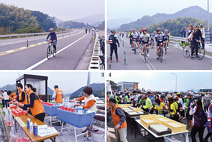 1 고속도로를 달리는 참가자들 얼굴에는 웃음이 가시지 않았다.  2 코스 중간에 있는 간이 휴게소로 들어오는 참가자들  3 간이 휴게소에서는 간단한 이온음료와 물을 제공했다.  4 다타라대교를 건너 첫 번째 보급소인 세토다PA에는 다양한 간식이 보급됐다. 많은 사람으로 인해 복잡할 것이라 생각했지만. 질서를 잘 지켜 순조롭게 보급을 받았다.