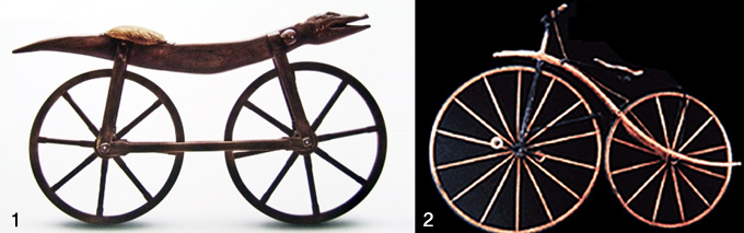 
	1 <b>셀레리페르</b> 최초로 자전거의 형태를 갖추었다(자전거생활 제공) 2 <b>벨로시페드</b> 페달로 바퀴를 돌리는 자전거의 시작이 되었다
