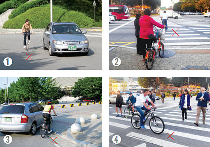 1 자동차와 나란히 좌회전하는 경우 2 신호를 무시하고 무리한 주행 3 우회전하는 차량과의 접촉 4 도로를 횡단하는 자전거, 보행자와의 접촉