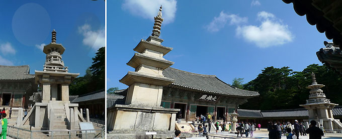 
	(왼쪽부터) 불국사 다보탑. 돌사자상이 한마리 남아있다 / 불국사 다보탑과 석가탑은 같은 크기로 나란히 자리하고 있다
