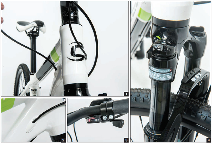1 캐논데일의 특징이랄 수 있는 오버사이즈 헤드튜브는 퀵 CX3에서도 만날 수 있다  2 변속기 케이블은 프레임 내부로, 브레이크 케이블은 밖으로 정리  3 인디게이터로 변속기의 상태를 빠르게 확인 할 수 있다  4 서스펜션 포크에는 락아웃 기능이 포함되어 고속주행이나 오르막 주행 시 힘 손실을 줄여준다