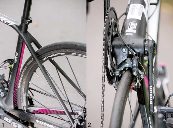 1 짧아진 체인스테이와 얇고 길게 쭉 뻗은 시트스테이  2 리어브레이크는 BB셸 하단으로 옮겨져 에어로 성능을 높였다 