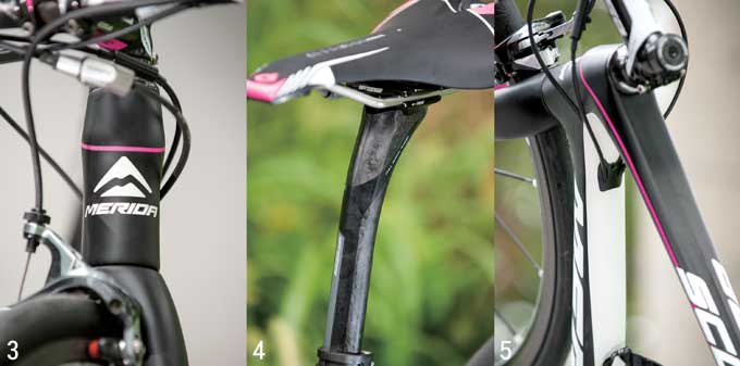 3 헤드튜브 중앙을 오목하게 만들어 공기 흐름을 개선하고 길이를 줄였다  4 시트포스트 역시 에어로 디자인을 접목했다  5 케이블은 다운튜브 상단으로 정리했다