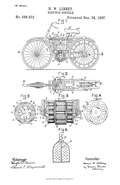 
	최초의 전기자전거 특허. 미국의 오그덴 볼튼 주니어(Ogden Bolton Jr.)가 1895년에 등록한 최초의 전기자전거 특허로, 특허번호 US552271이다. 배터리는 탑튜브에 매단 모습이고 모터는 허브 모터 방식으로 뒤쪽 휠에 장착되어있다. 이미 117년 전에 바이오넥스(BionX)와 같은 형식의 전기자전거가 발명되었음을 보여준다
