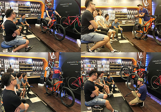 
	서울 용산구 한강대로에 위치한 트렉 컨셉스토어 ‘루트바이크’에서 MTB 국가대표 출신 장준원 루트바이크 대표가 동호인들에게 내리막길 내려가는 방법, 자전거 헬멧 종류, 자전거 바퀴 등에 대해 설명하고 있다.
