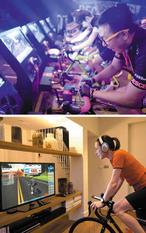 지난 7월 서울 강남구 청담동에 위치한‘BEC’의 오프닝 행사에서 한 참가자가 실내 가상 자전거 장비인‘비텔리’를 타고 있다(위 사진). 가장 대표적인 스크린 자전거 프로그램‘즈위프트’를 이용하면 집에서도 전 세계 라이더들과 자전거 경주를 벌일 수 있다(아래 사진). /EC3·ZWIFT